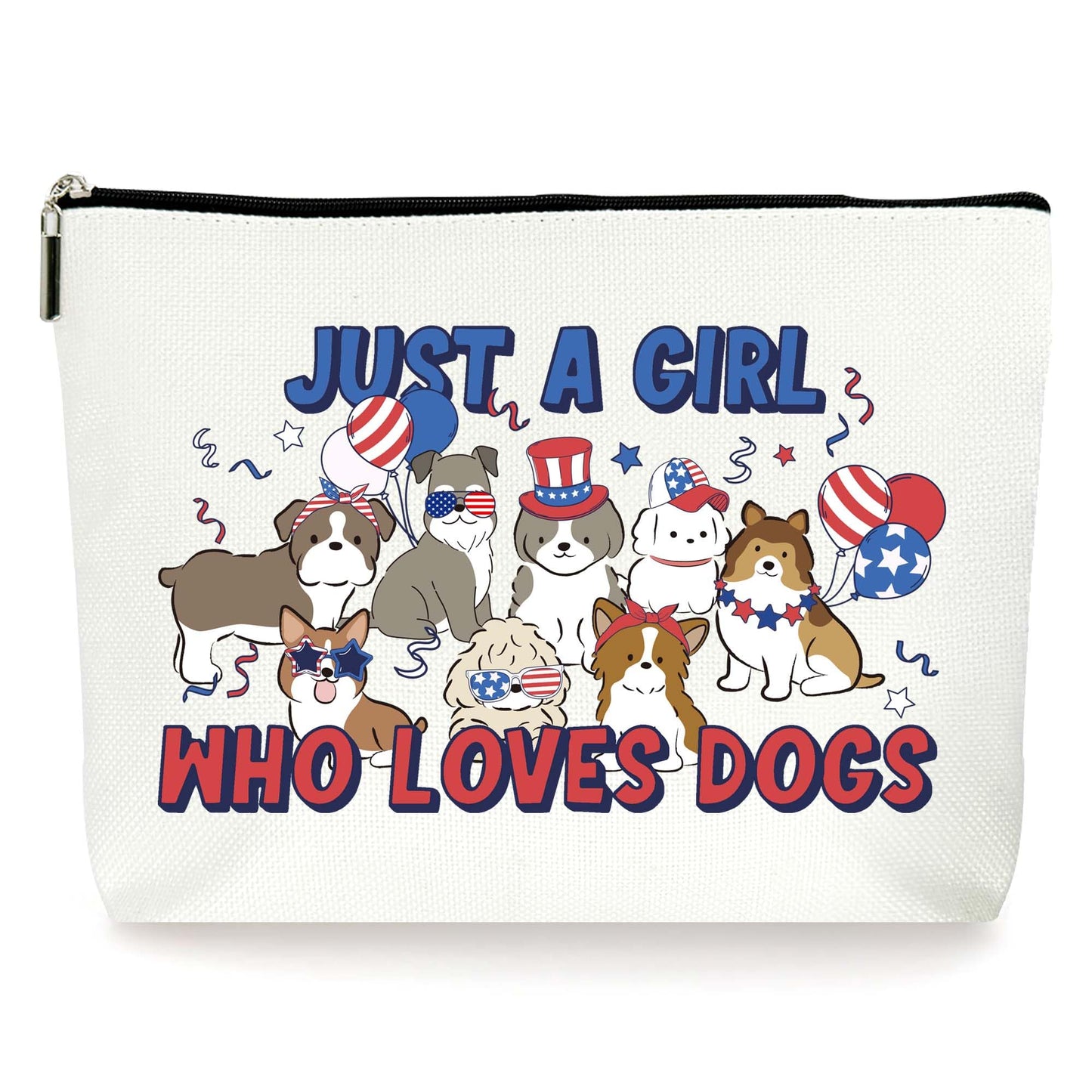 βJust A Girl Who Loves Dogsβ Makeup Bag Doggy American Flag Gifts For Birthday Womenβs Day Mothers Day Christmas Day Independence Day For Women Friends Ladys Patriotic Decorations. (035)