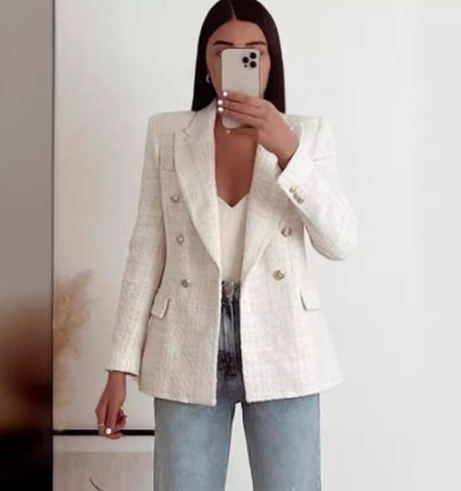 Chic Double-Breasted Tweed Blazer for Women
